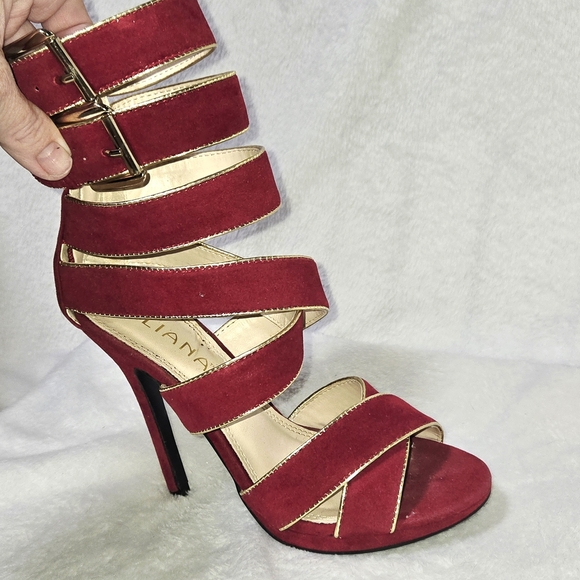 Liliana Red/Gold 4" Stiletto Heel W/ Crisscross Straps Buckles CLUB HOLIDAY BOLD - Picture 13 of 15